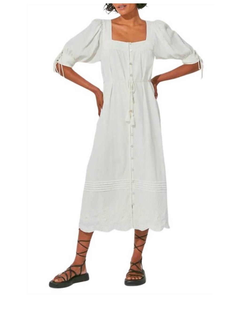 Cleobella White Square-Neck Button Midi Dress with Puff Sleeves